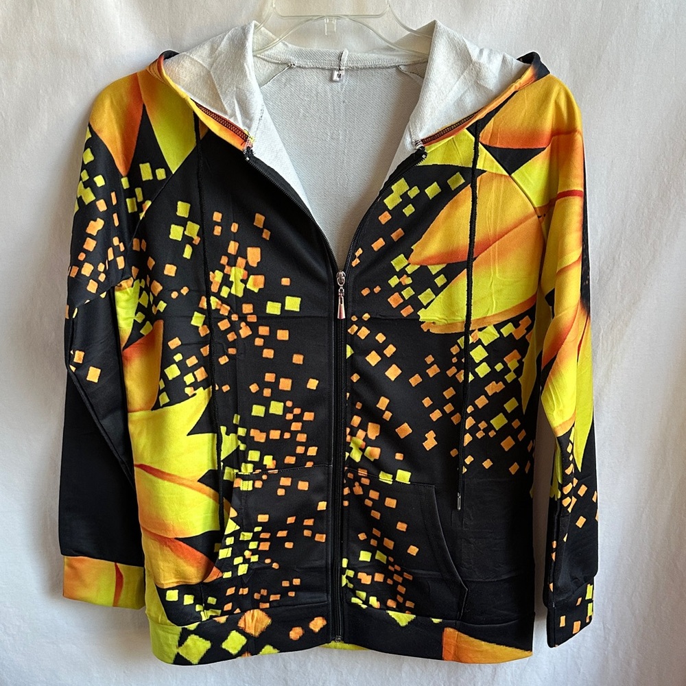 Vibrant yellow, black, and orange graphic zip-up hoodie, size M
